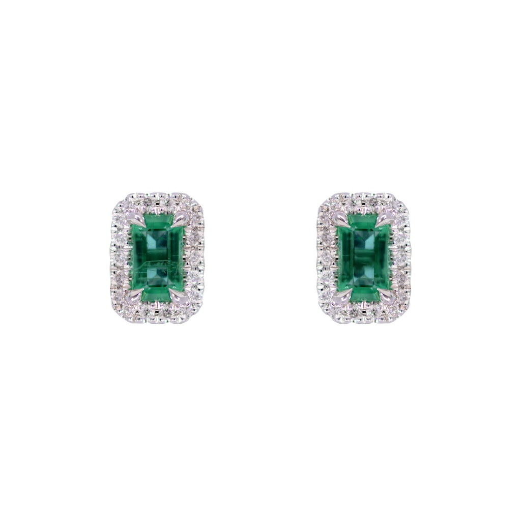 ARETES HALO ESMERALDA/ Octágono-0.50ct DIAMANTES-0.11ct GVS 1.7gr. ORO BLANCO 18K