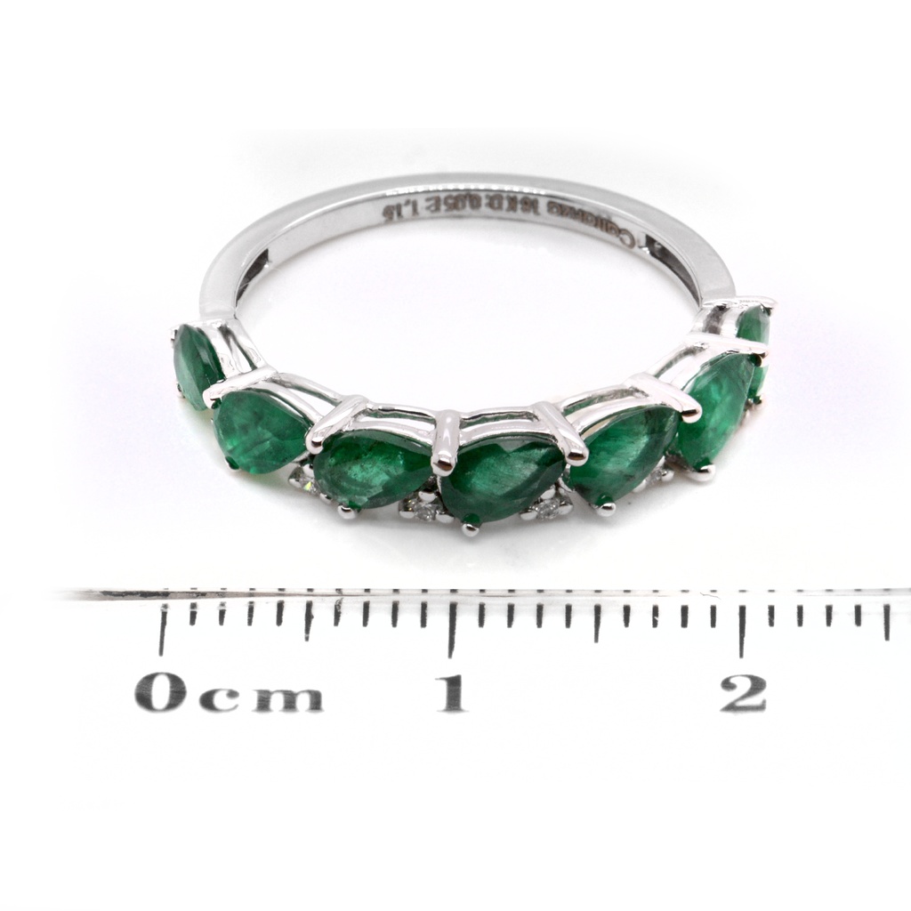 ANILLO 7-ESMERALDAS Talla/Pera 1.15ct, 6-DIAMANTES Talla/Brillante 0.05ct, 1.84gr ORO BLANCO 18K