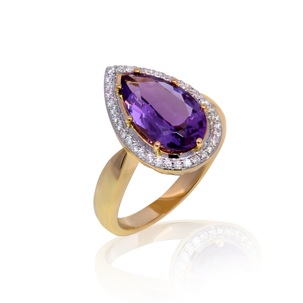Anillo AMATISTA-PERA HALO-B23P 7.8gr ORO AMARILLO/BLANCO 18K