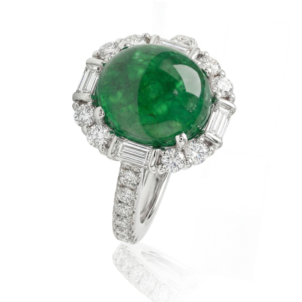 ANILLO ESMERALDA Oval Cabujón/5.76ct DIAMANTES Brillante/Baguette-0.65ct 4.7gr. ORO BLANCO 18K