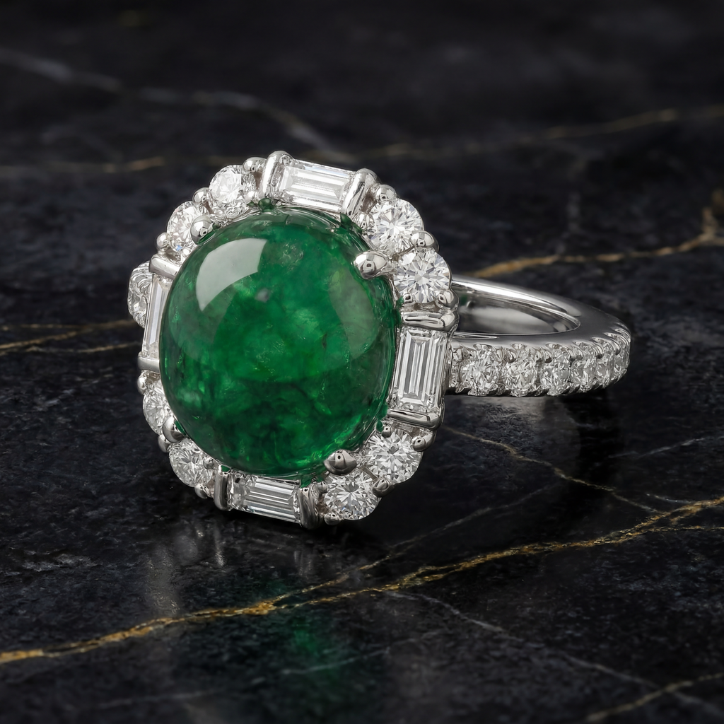 ANILLO ESMERALDA Oval Cabujón/5.76ct DIAMANTES Brillante/Baguette-0.65ct 4.7gr. ORO BLANCO 18K