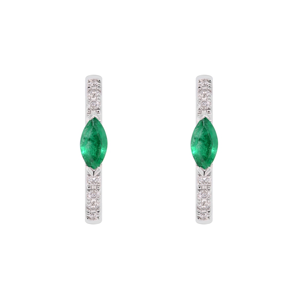 ARETES “MARÍA DE LUJO“ 2 ESMERALDAS 12P-MQ y 14B5P GVS 1.4gr ORO BLANCO 18K