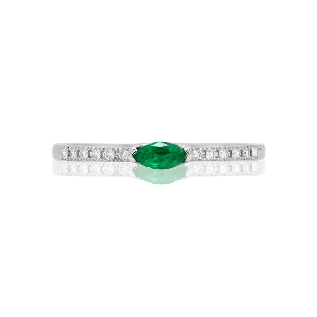 ANILLO “MARÍA DE LUJO“ ESMERALDA 11P-MQ y 12B6P GVS 1.1gr ORO BLANCO 18K