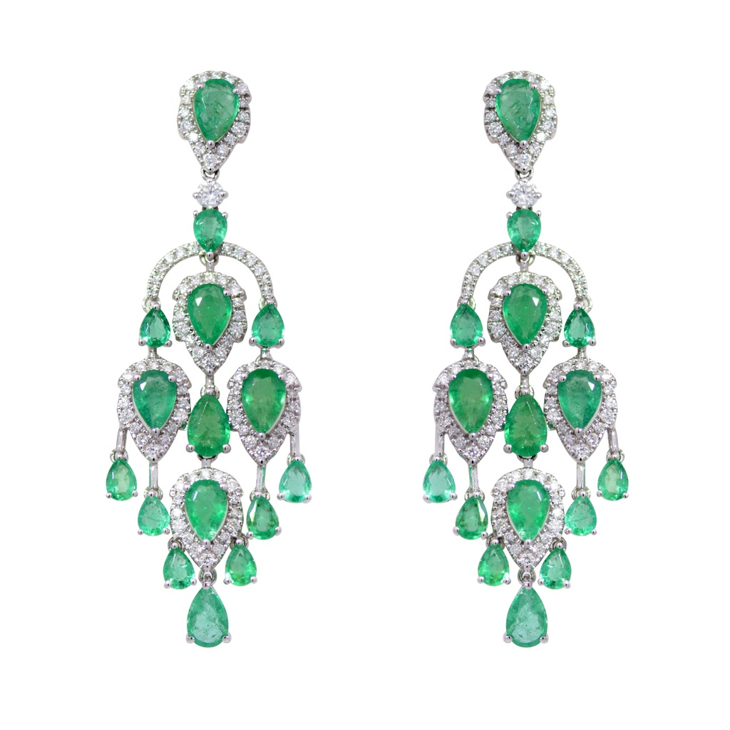ARETES Chandelier 32-ESMERALDAS Pera/6.74ct DIAMANTES/1.17ct 12.5gr. ORO BLANCO 18K
