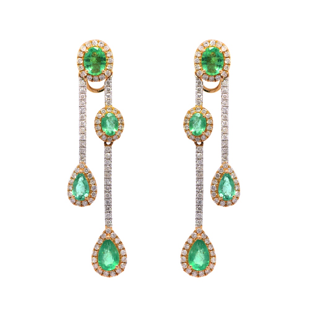 ARETES Halo 8-ESMERALDAS Oval/Pera-2.03ct DIAMANTES-0.85ct 5.1gr. ORO AMARILLO/BLANCO 18K