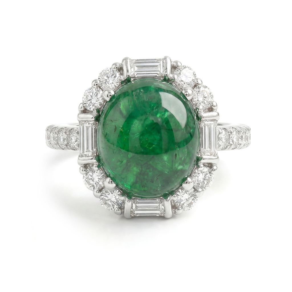 ANILLO ESMERALDA Oval Cabujón/5.76ct DIAMANTES Brillante/Baguette-0.65ct 4.7gr. ORO BLANCO 18K