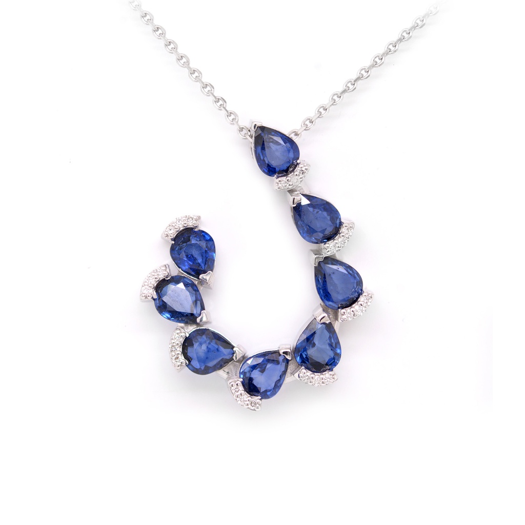 Gargantilla c/Dije 8-ZAFIROS Talla/Pera 2.61ct, 24-DIAMANTES 0.08ct  ORO Blanco 18K
