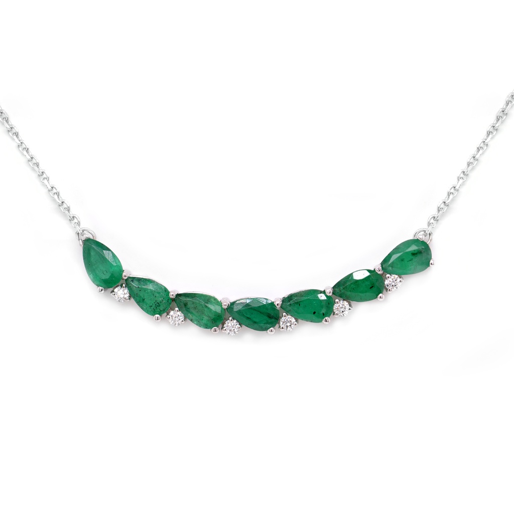 GARGANTILLA c/DIJE 7-ESMERALDAS Talla/Pera 1.36ct, 6-DIAMANTES 0.07ct  42cm 3.0gr ORO Blanco 18K