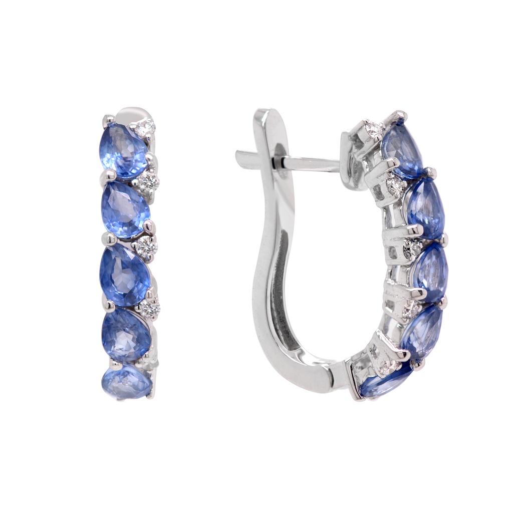 ARETES 10-ZAFIROS Talla/Pera 1.69ct, 10-DIAMANTES Talla/Brillante 0.09ct, 3.16gr ORO BLANCO 18K