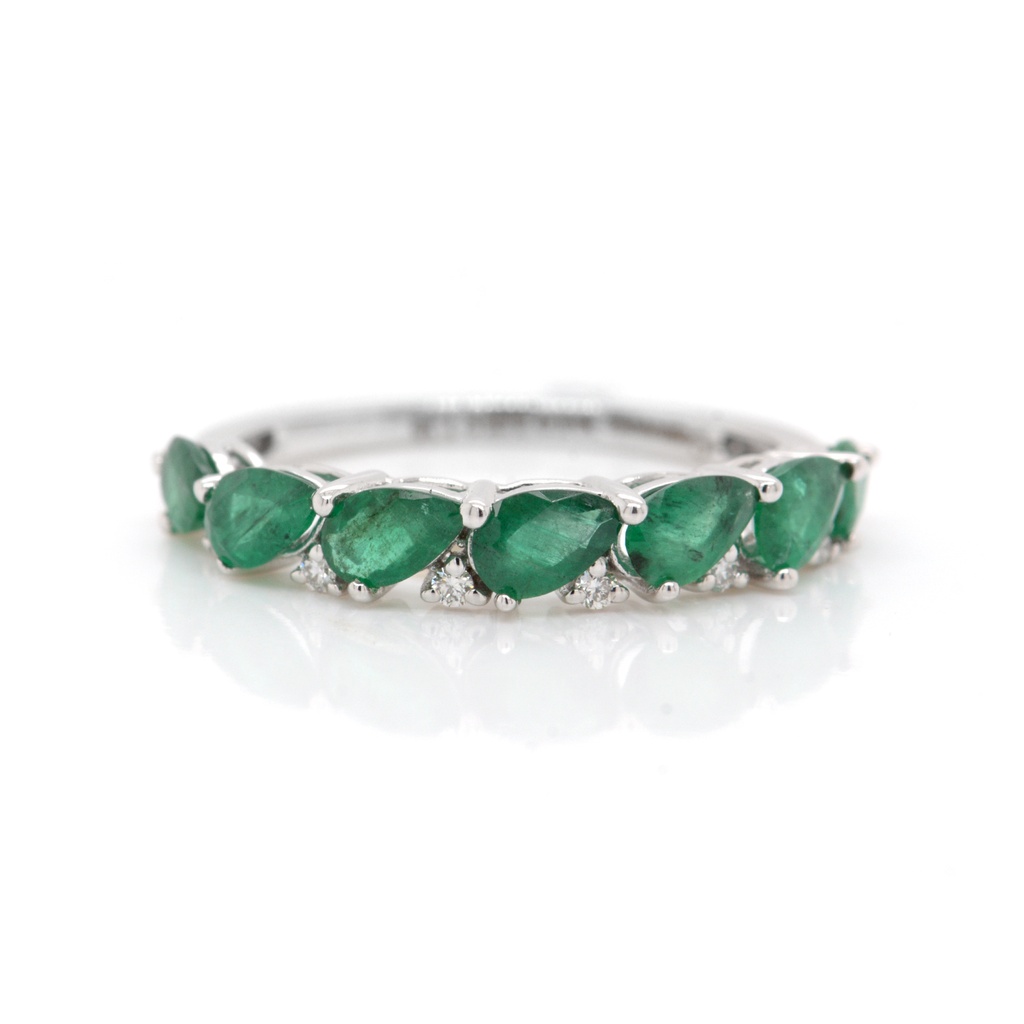 ANILLO 7-ESMERALDAS Talla/Pera 1.16ct, 6-DIAMANTES Talla/Brillante 0.05ct, 1.92gr ORO BLANCO 18K