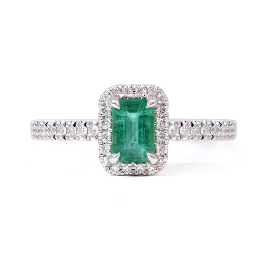 ANILLO HALO ESMERALDA/ Octágono-0.50ct DIAMANTES-0.26ct GVS 2.8gr. ORO BLANCO 18K