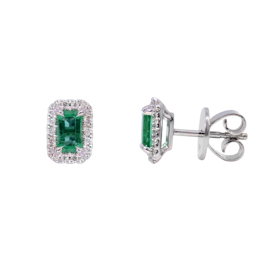 ARETES HALO ESMERALDA/ Octágono-0.50ct DIAMANTES-0.11ct GVS 1.7gr. ORO BLANCO 18K