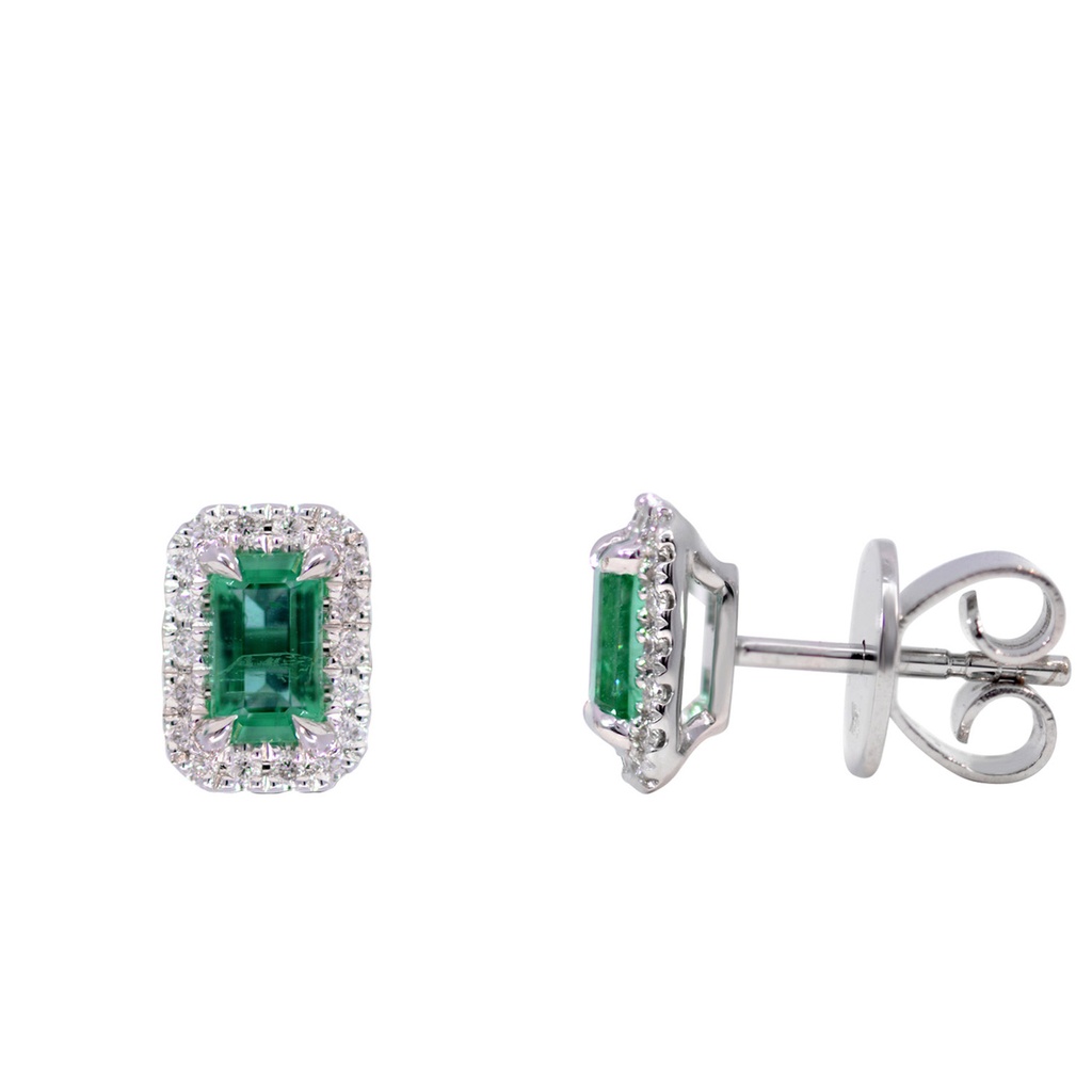ARETES HALO ESMERALDA/ Octágono-0.50ct DIAMANTES-0.11ct GVS 1.7gr. ORO BLANCO 18K