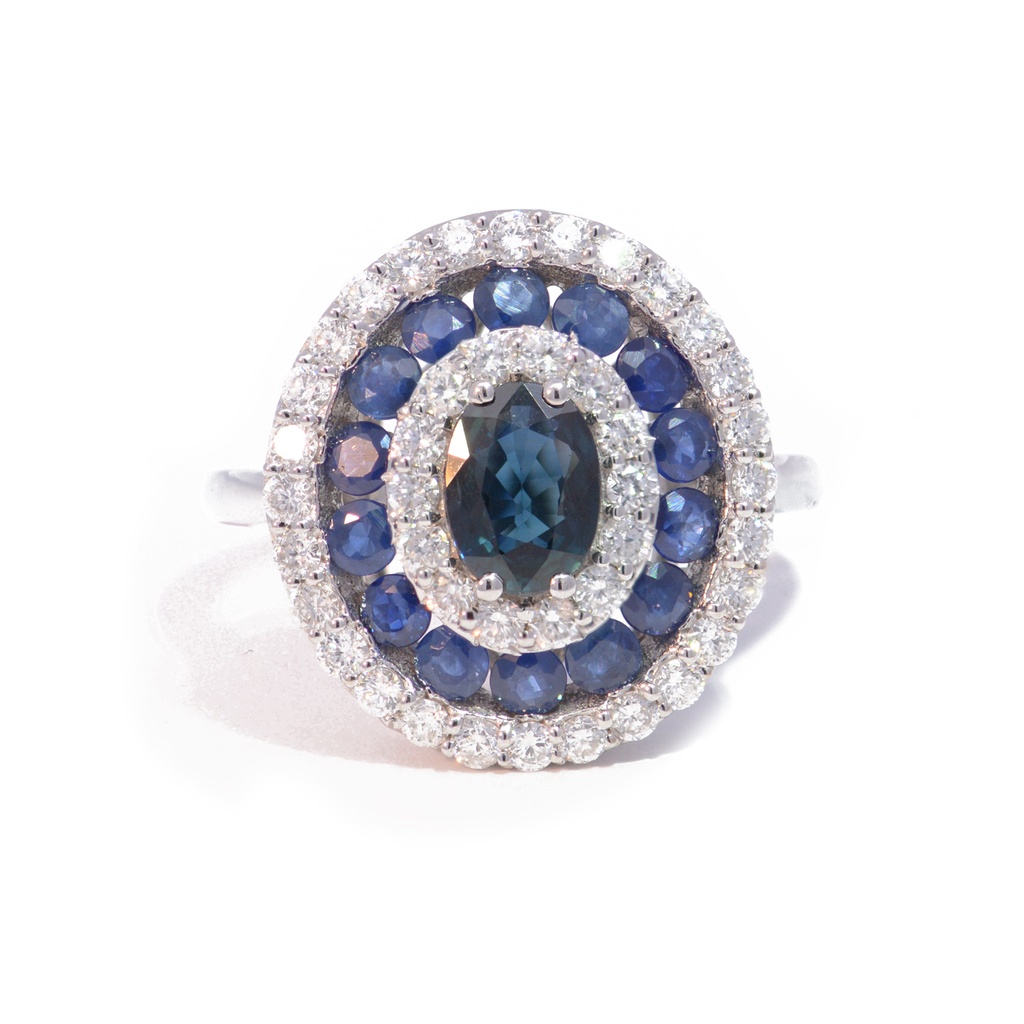 ANILLO Halo Colori ZAFIRO/AZUL-1.95ct DIAMANTES-0.84ct 6.1gr. ORO BLANCO 18K   