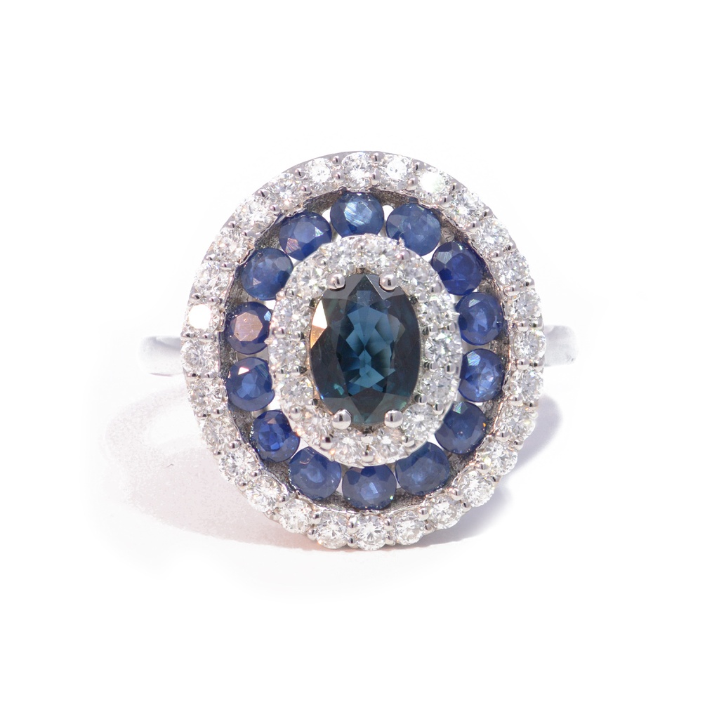 ANILLO Halo Colori ZAFIRO/AZUL-1.95ct DIAMANTES-0.84ct 6.1gr. ORO BLANCO 18K   