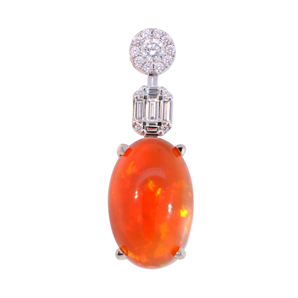 Pendiente ALEBRIJE-CORAZON ARDIENTE- 12.8ct Opalo de Fuego Supremo 185x115mm y 20-DIAMANTES Corte-Redondo/Baguette 0.55ct GVS en 2.3gr. ORO BLANCO 18K