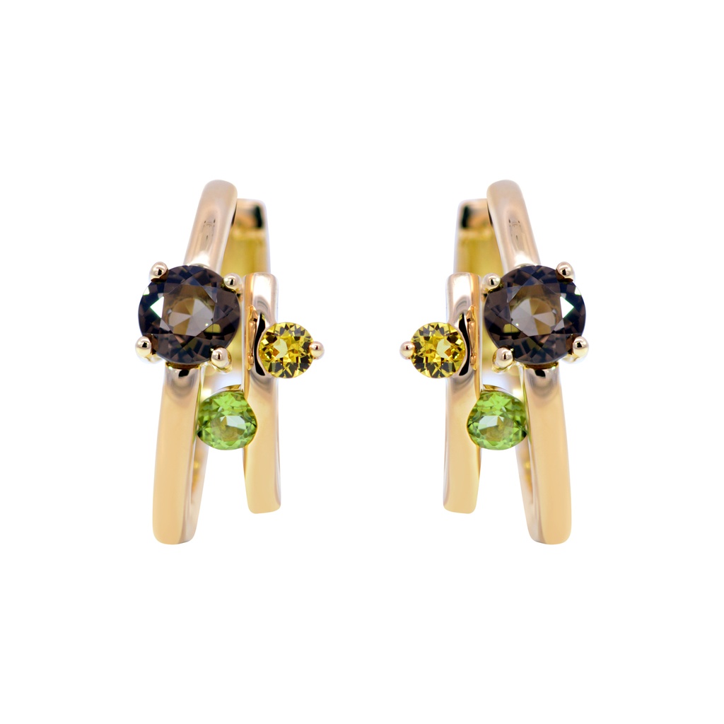 Arracadas CUARZO AHUMADO / PERIDOTO / ZAFIRO AMARILLO 9.4gr ORO AMARILLO 18K