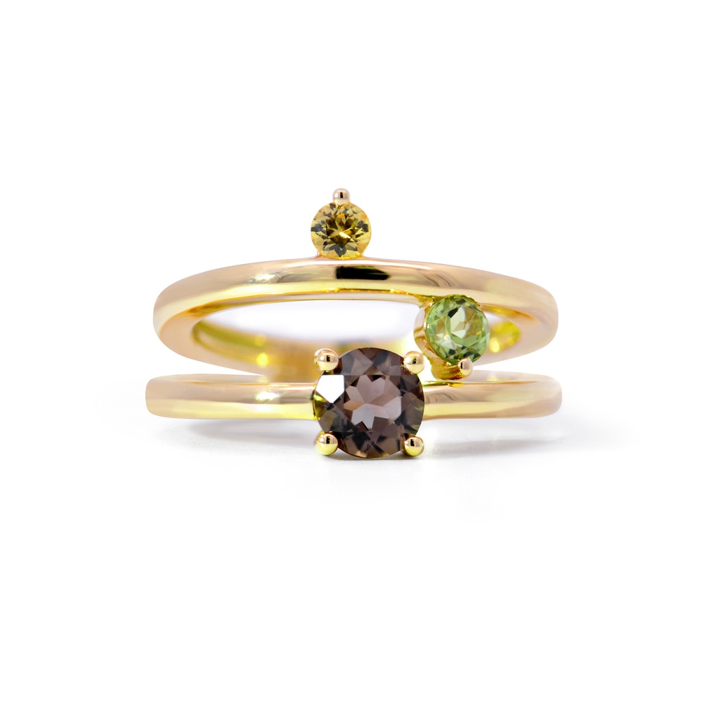 Anillo CUARZO AHUMADO / PERIDOTO / ZAFIRO AMARILLO 7.5gr ORO AMARILLO 18K