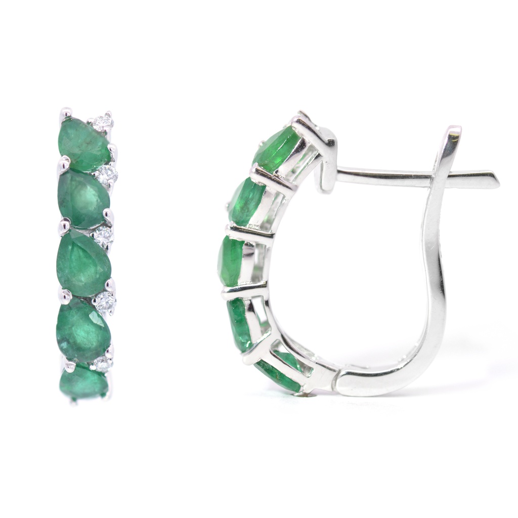 ARETES 10-ESMERALDAS Talla/Pera 1.25ct, 10-DIAMANTES Talla/Brillante 0.08ct, 2.9gr ORO BLANCO 18K