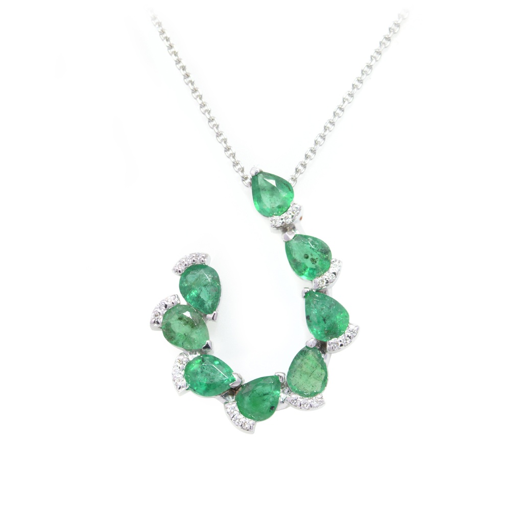 Gargantilla c/Dije 8-ESMERALDAS Talla/Pera 2.24Ct, 24-DIAMANTES 0.08ct  42cm ORO Blanco 18K