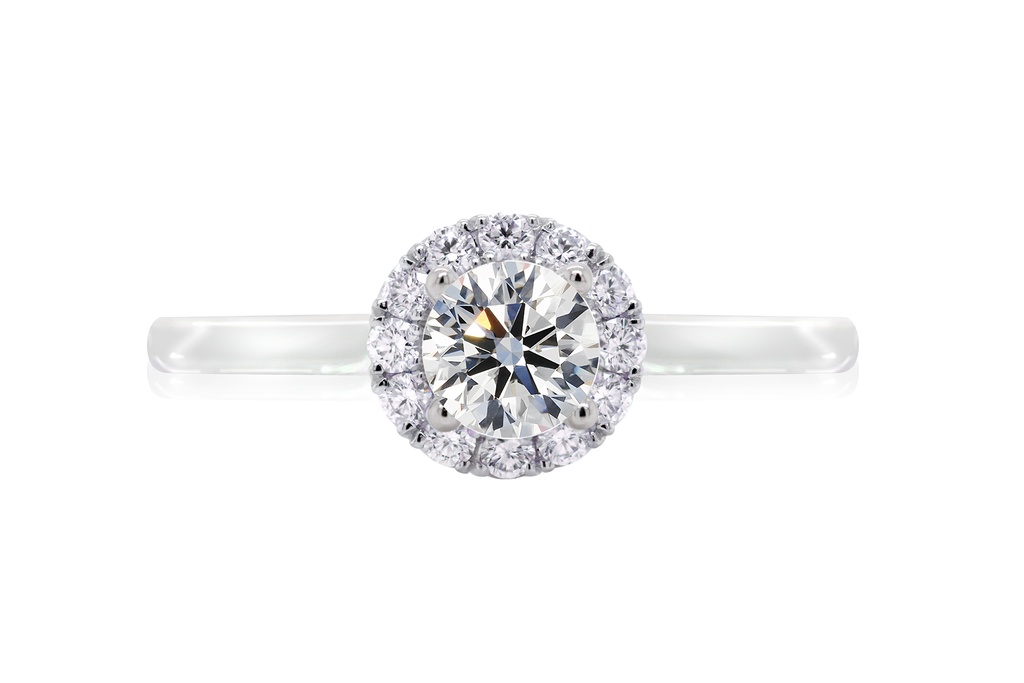 [CYC] Anillo de Compromiso Halo con un diamante natural Corte Ideal Original 1/2ct VS2/I y adornado con 0.17ct diamantes naturales VS/G en oro blanco 18K