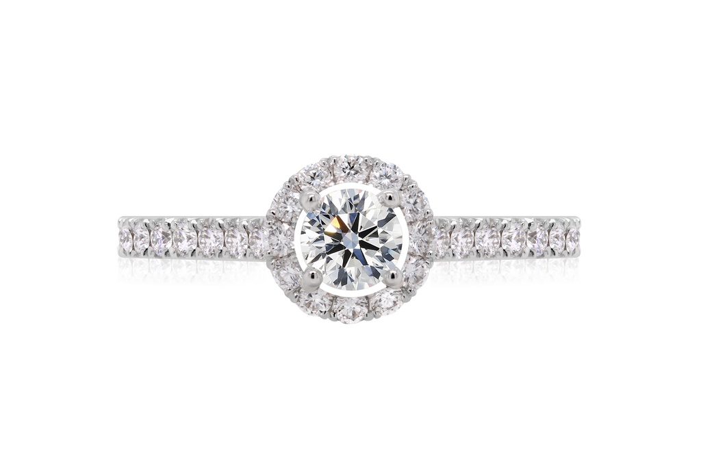 [CYC] Anillo de Compromiso Full Halo con un diamante natural Corte Ideal Original 1/4ct VS2/I y adornado con 0.24ct diamantes naturales VS/G en oro blanco 18K