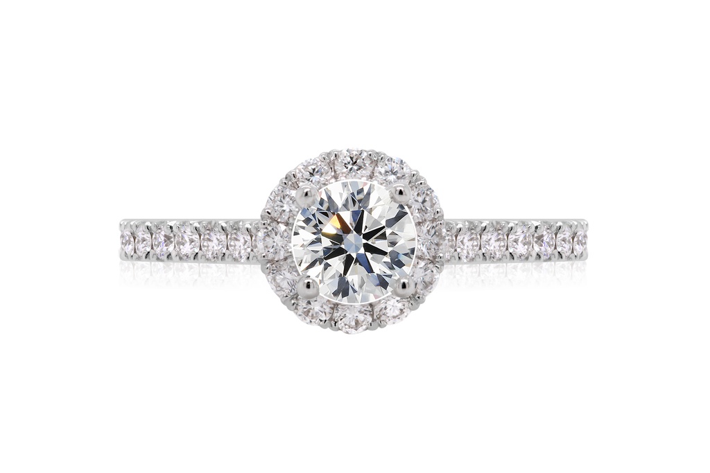 [CYC] Anillo de Compromiso Full Halo con un diamante natural Corte Ideal Original 1/2ct VS2/I y adornado con 0.39ct diamantes naturales VS/G en oro blanco 18K