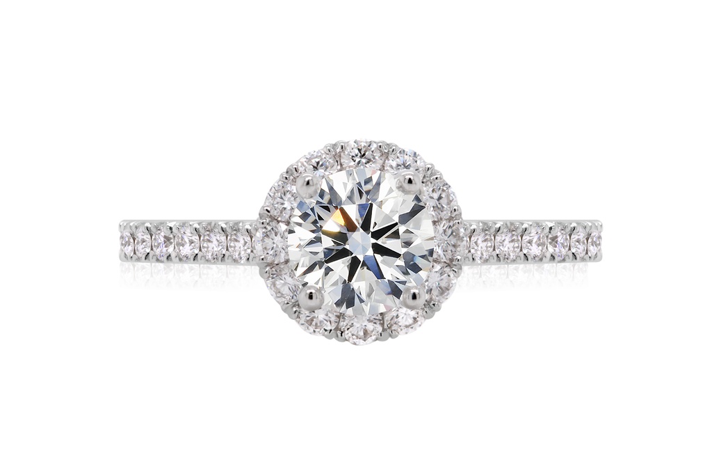 [CYC] Anillo de Compromiso Full Halo con un diamante natural Corte Ideal Original 3/4ct VS2/I y adornado con 0.58ct diamantes naturales VS/G en oro blanco 18K