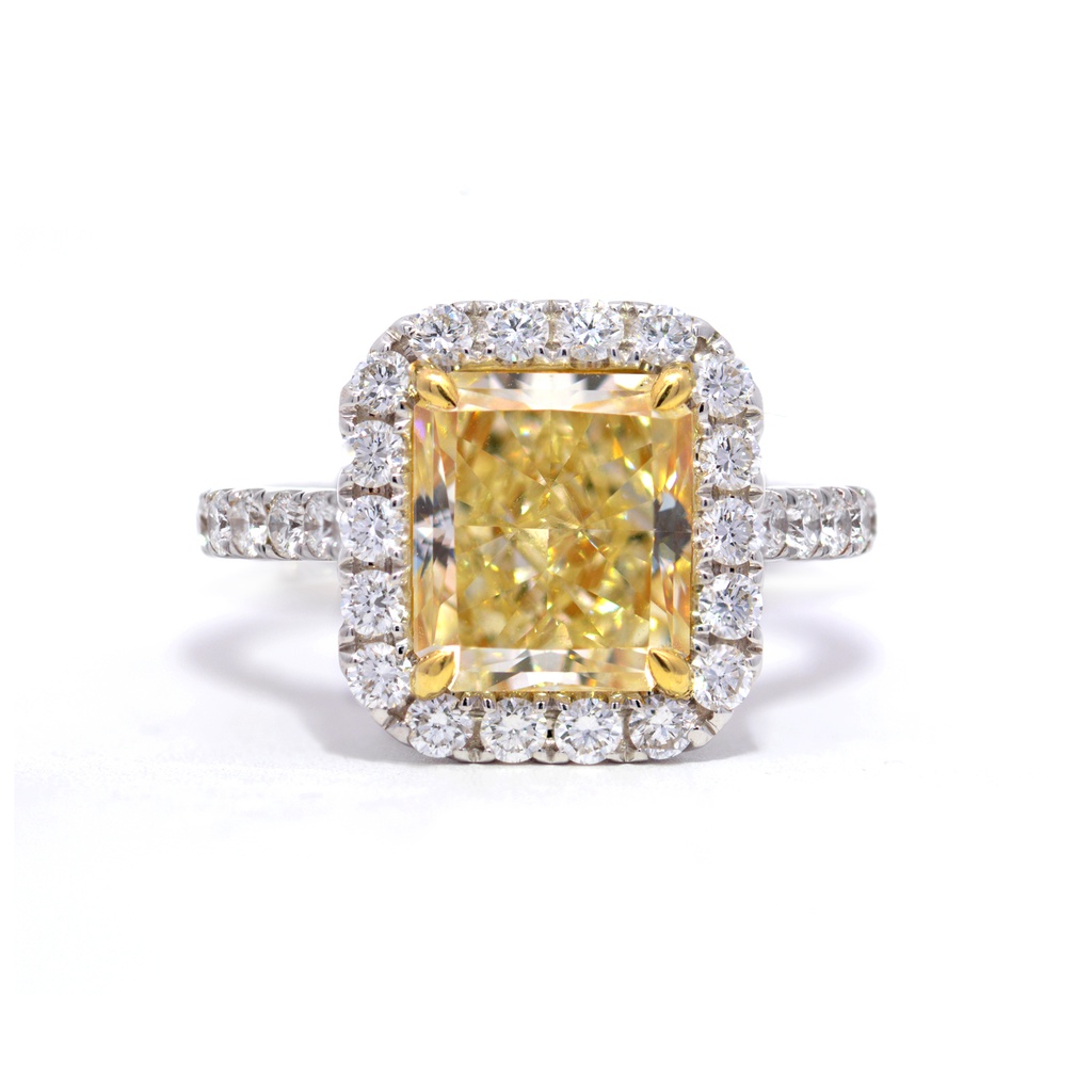 ANILLO 'MIEL' HALO DIAMANTE-Talla/RADIANTE 4.09ct UV/SI1 GIA#6214990435 30-DIAMANTES/0.91ct 6.9 ORO BLANCO/AMARILLO 18K