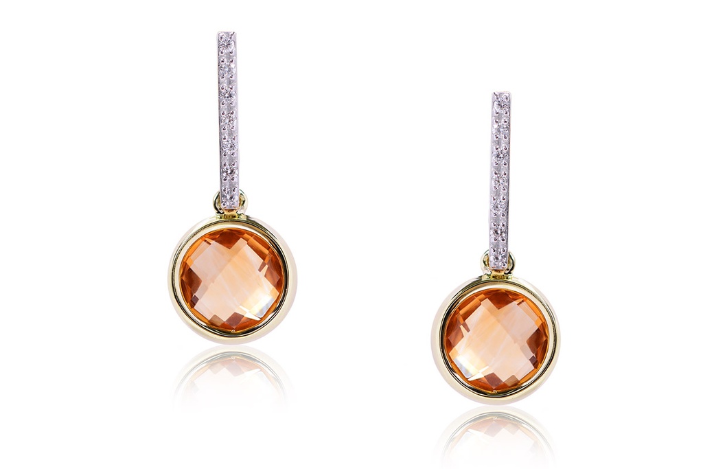 Aretes CITRINO/ROUND Diamante-0.11Ct HSI 18KYW
