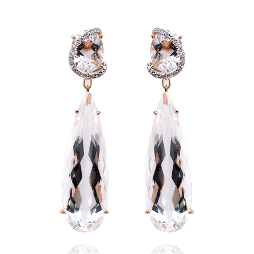 ARETES BRUMANI “LOOPING SHINE“ 4-CRISTAL DE ROCA-26.20ct 28-DIAMANTES-0.12ct 10.5gr. ORO ROSA/BLANCO 18K 