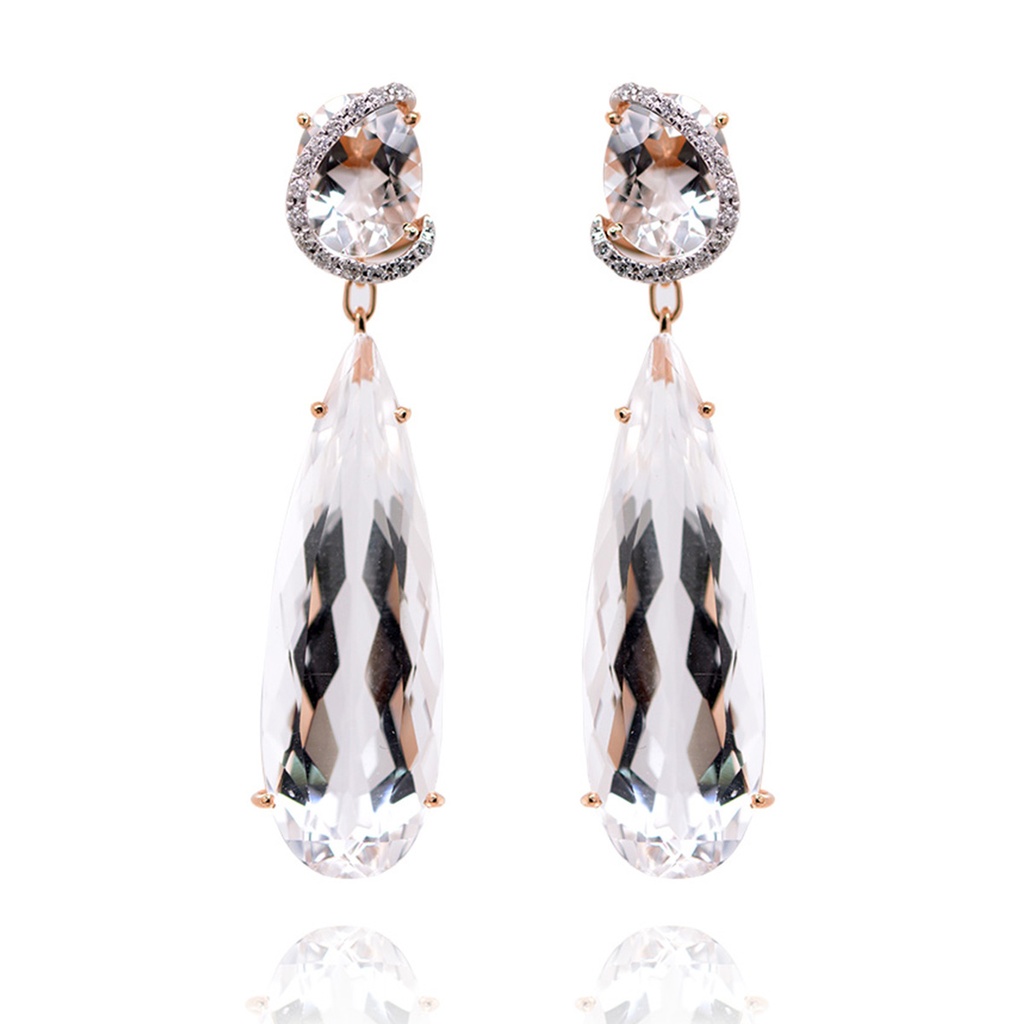 ARETES BRUMANI “LOOPING SHINE“ 4-CRISTAL DE ROCA-26.20ct 28-DIAMANTES-0.12ct 10.5gr. ORO ROSA/BLANCO 18K 