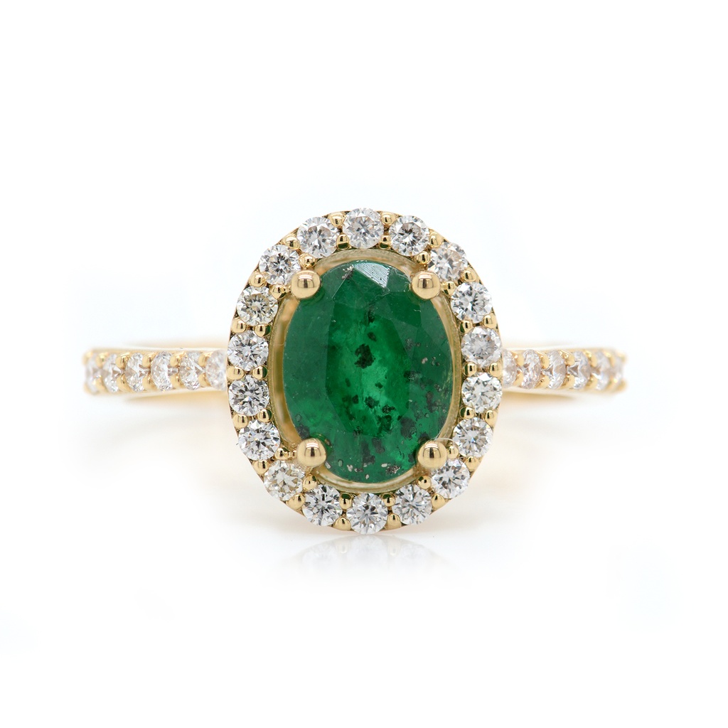 Anillo Frame “HALO OVAL“ - ESMERALDA/Oval 1.36ct 30-DIAMANTES 0.41ct GVS 4.37gr ORO AMARILLO18K