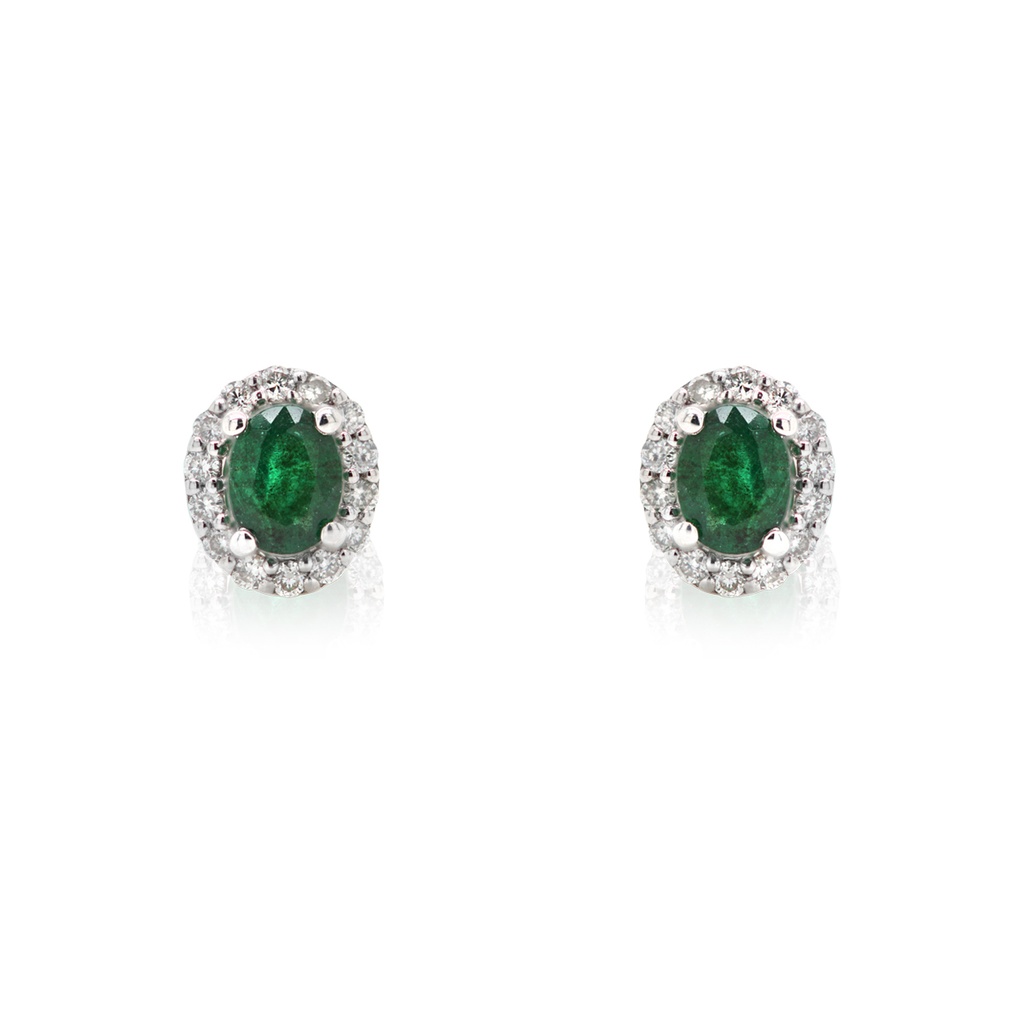 Aretes Frame "HALO OVAL" - 2-ESMERALDAS/Oval 0.30ct 28-DIAMANTES 0.12ct 1.6gr ORO BLANCO 18K