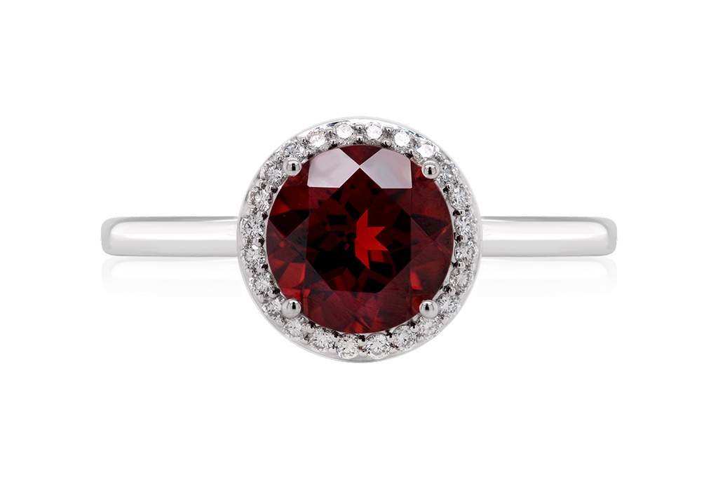 Anillo HALO GRANATE-8mm Diamante-0.16Ct H/SI 18KW