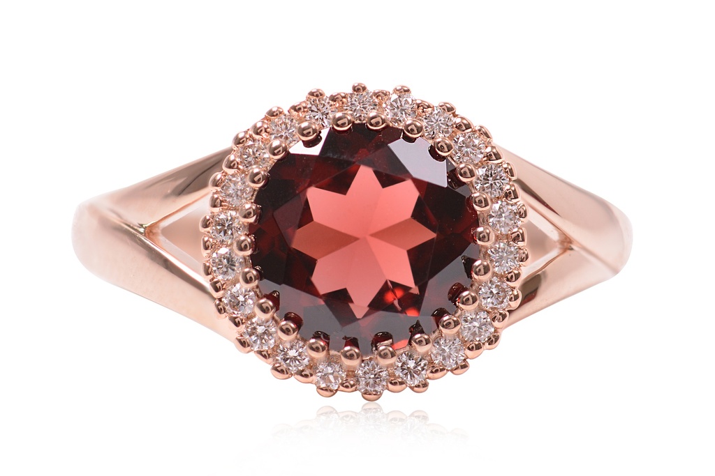 Anillo HALO GRANATE Diamante-0.17Ct H/SI ORO ROSA 18K
