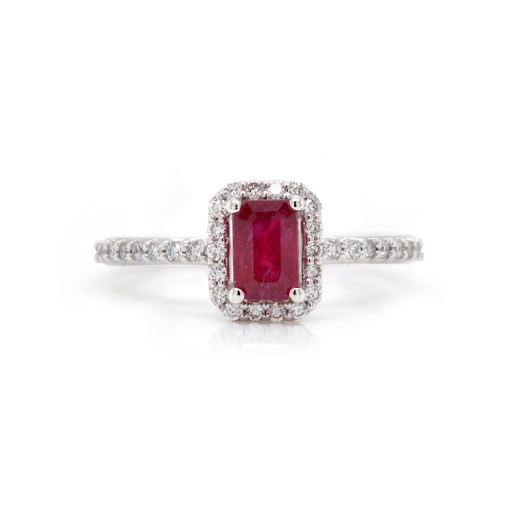 Anillo Frame “HALO SQUARE“ - RUBÍ/Talla-Esmeralda 0.51ct 34-DIAMANTES 0.21ct GVS 2.72gr ORO BLANCO 18K