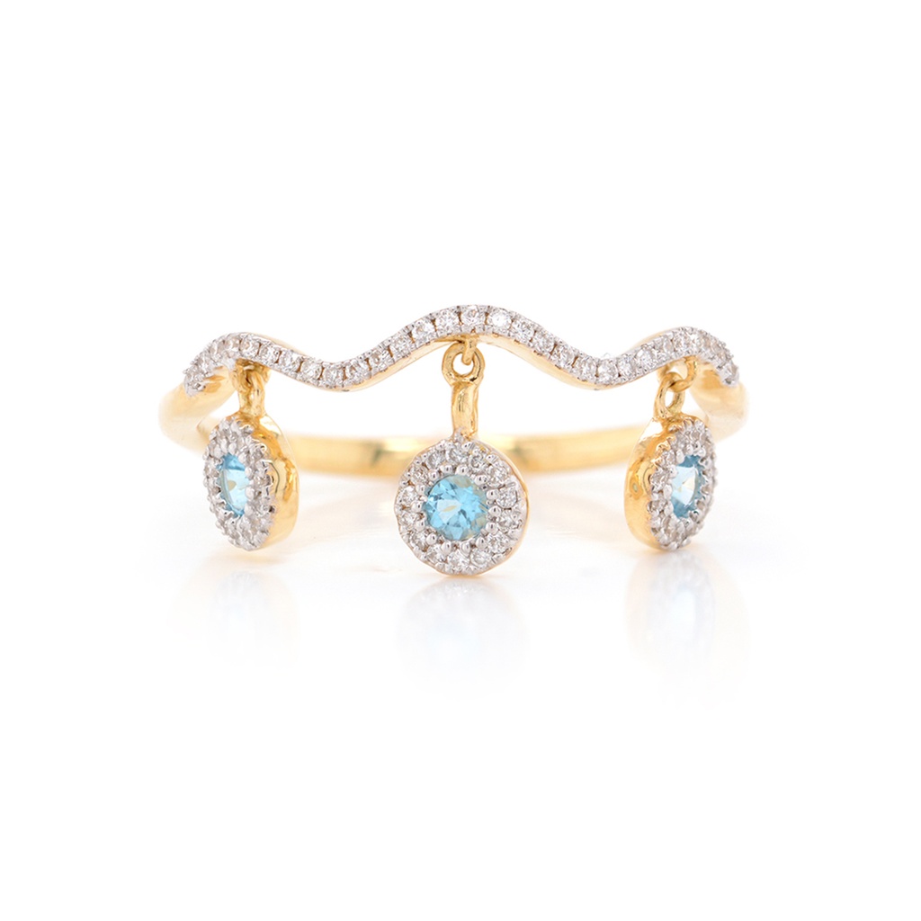 ANILLO TORMENTA 3-TOPACIOS SWISS BLUE 0.16ct DIAMANTES-0.12ct GVS 1.8gr. ORO AMARILLO 18K