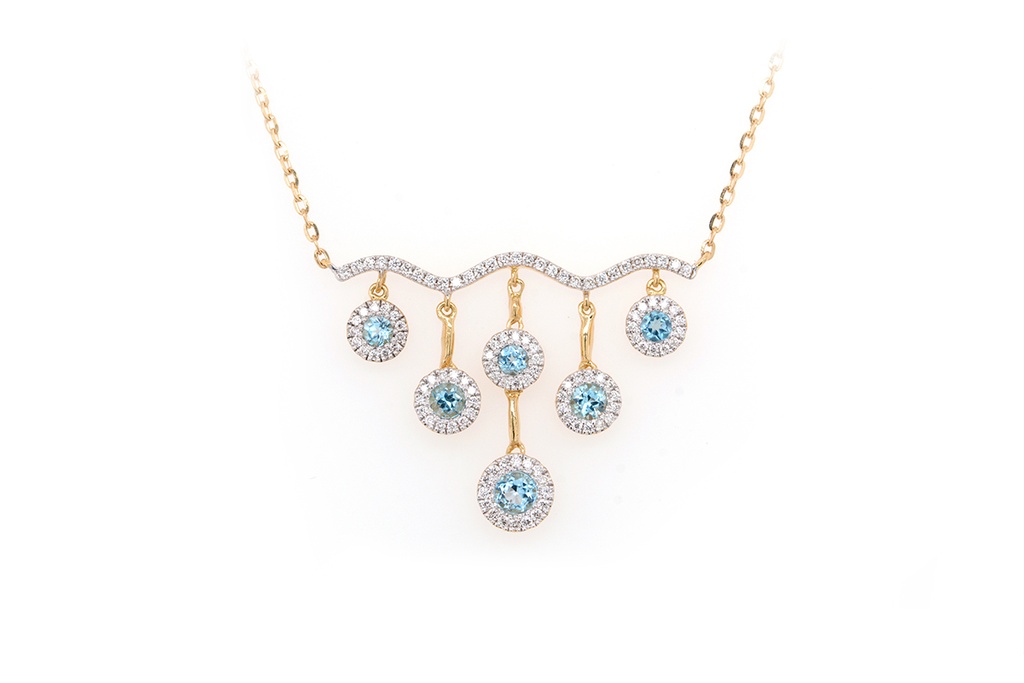 GARGANTILLA TORMENTA 6-TOPACIOS SWISS BLUE-0.47ct DIAMANTES-0.21ct GVS 2.8gr. 40/45cm ORO AMARILLO 18K