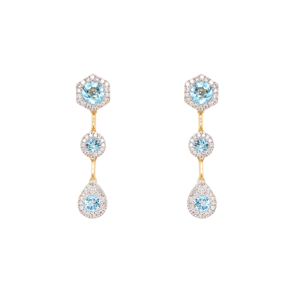 ARETES TORMENTA 6-TOPACIOS SWISS BLUE-1.00ct DIAMANTES-0.22ct GVS 3.0gr. ORO AMARILLO 18K