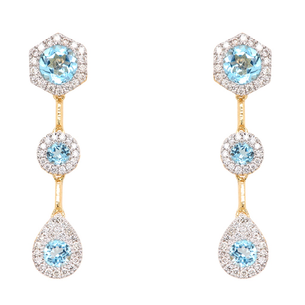 ARETES TORMENTA 6-TOPACIOS SWISS BLUE-1.00ct DIAMANTES-0.22ct GVS 3.0gr. ORO AMARILLO 18K