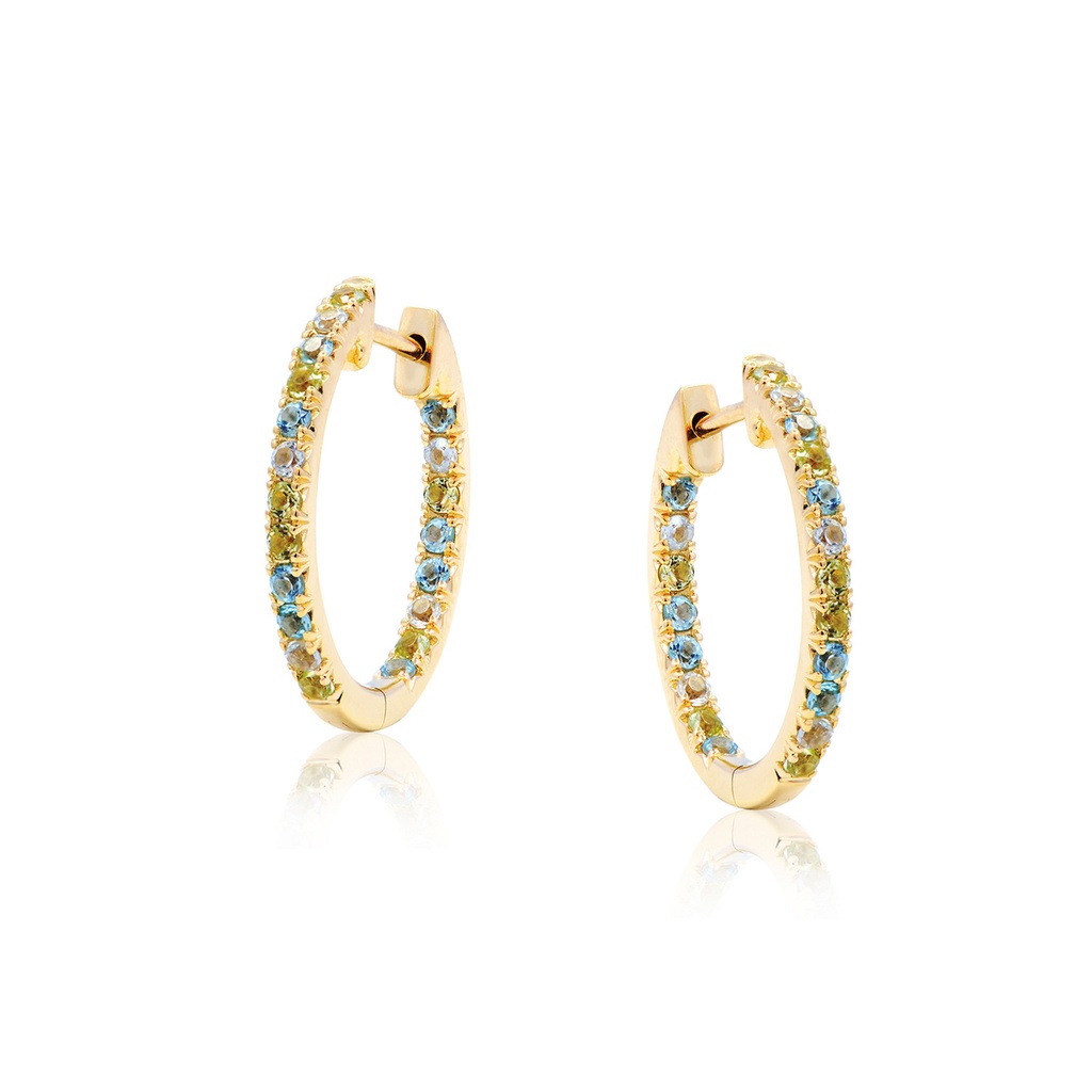 Arracadas “FIESTA“ 14 PERIDOTOS, 10 SKY BLUE TOPAZ, 16 SWISS BLUE TOPAZ - Oro 18k amarillo
