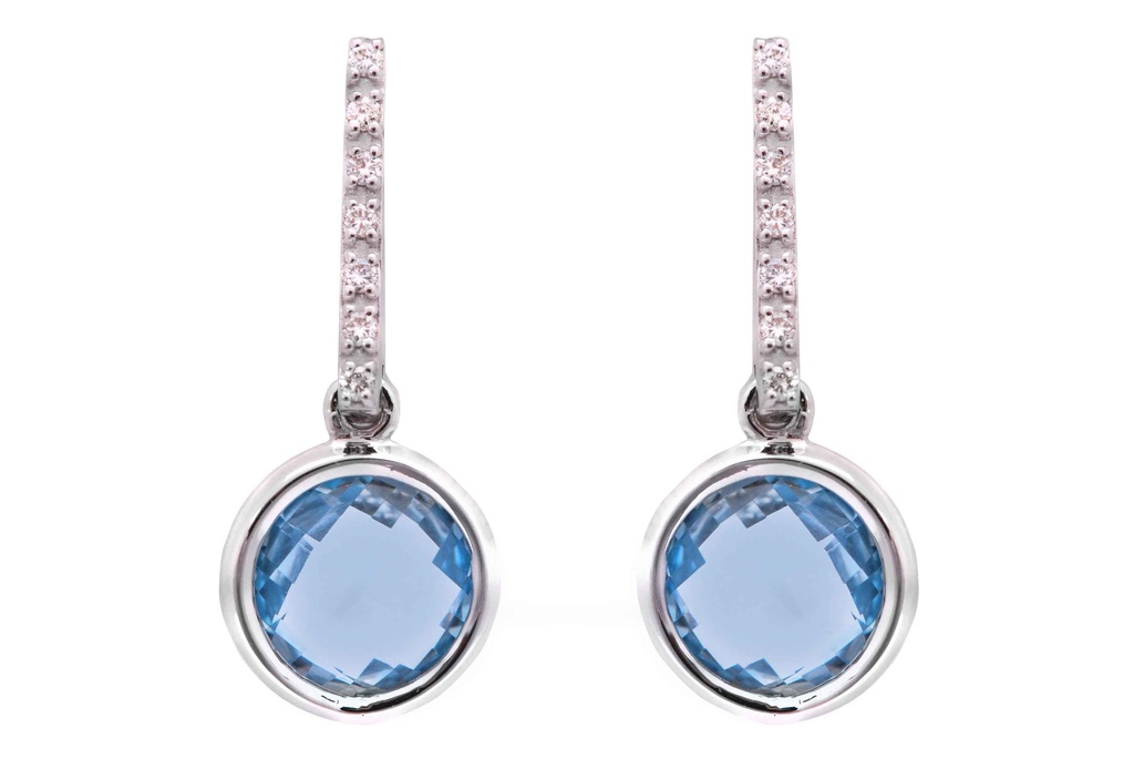 Aretes Bezel “ROUND“ - TOPACIO AZUL DIAMANTES-0.105ct HSI 4.04gr. ORO BLANCO 18K