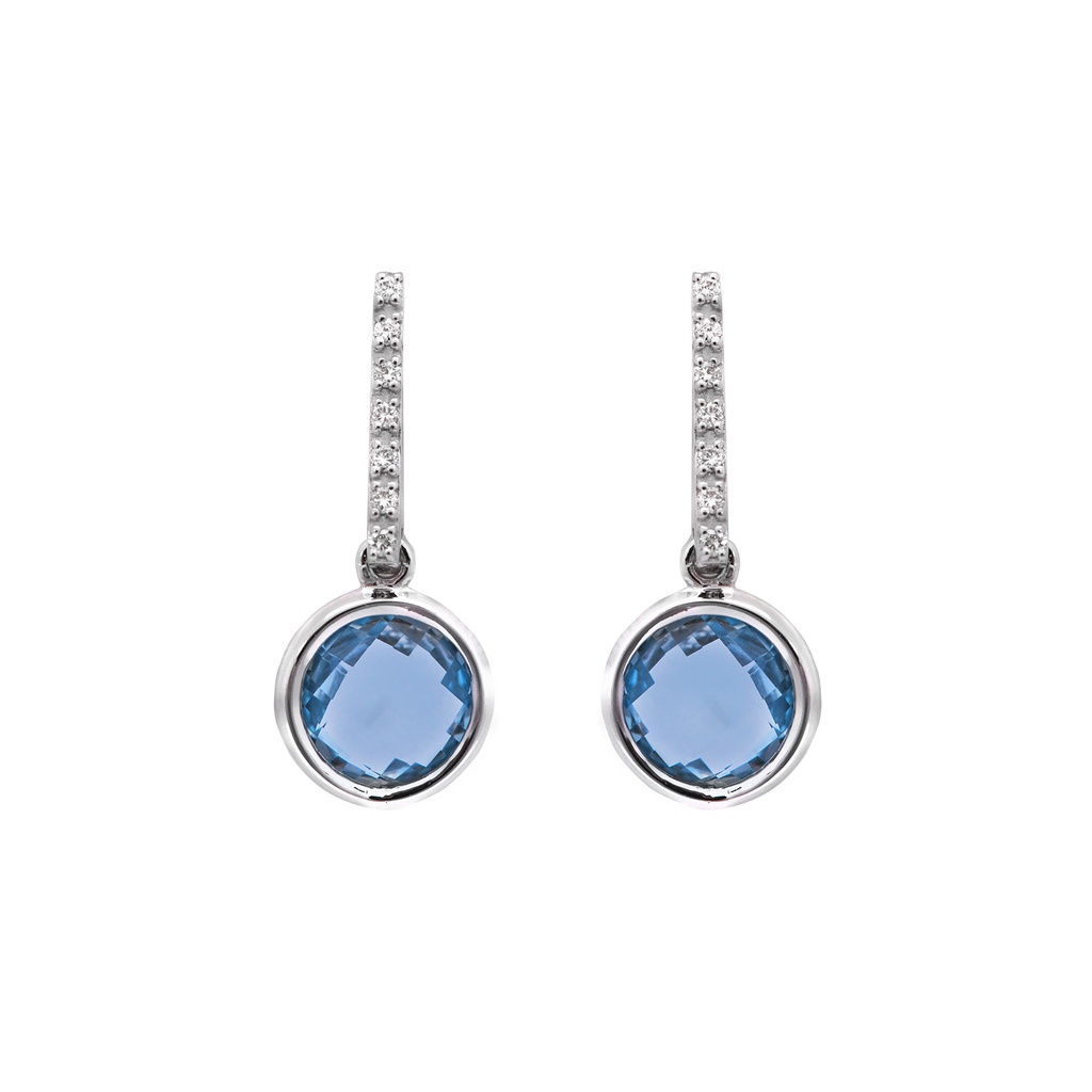 Aretes Bezel “ROUND“ - TOPACIO AZUL DIAMANTES-0.105ct HSI 4.04gr. ORO BLANCO 18K