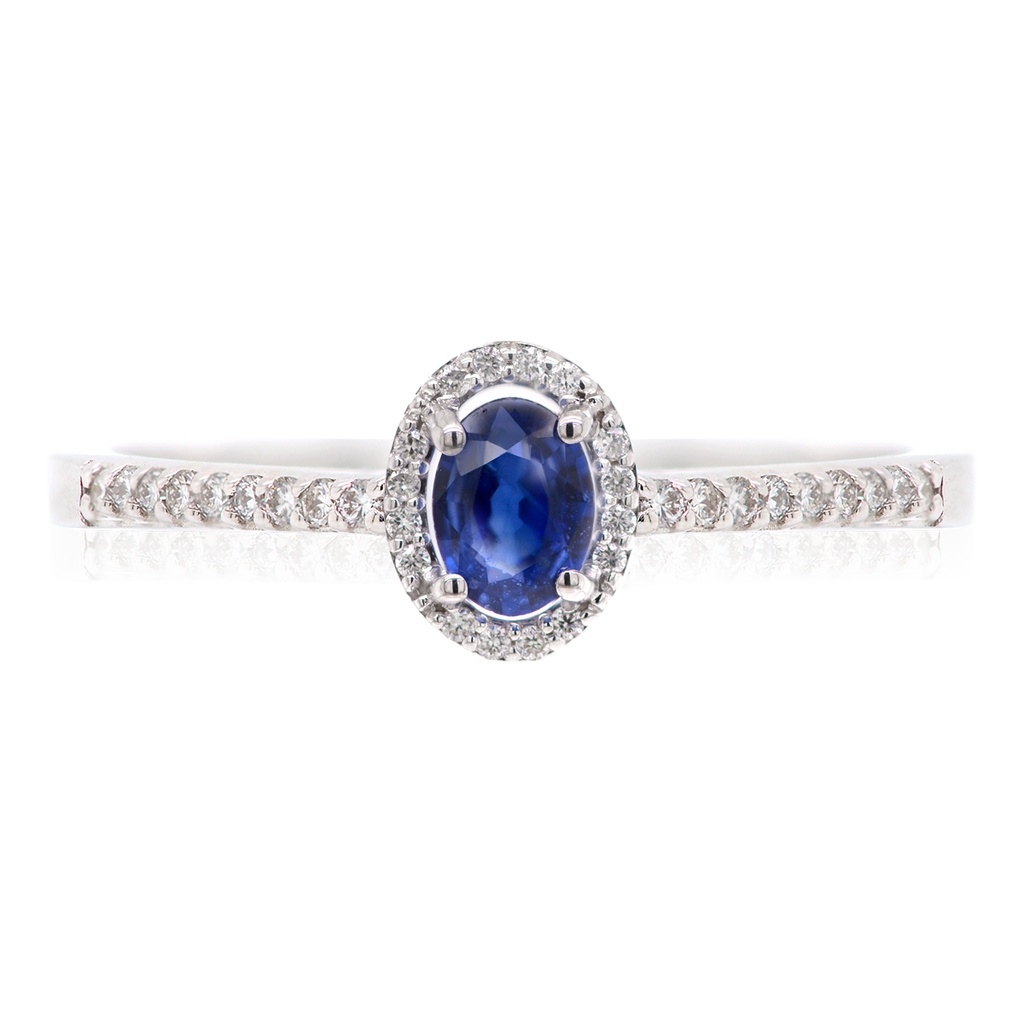 Anillo Frame "HALO OVAL" - ZAFIRO/Oval 0.80ct 30-DIAMANTES 0.20ct GVS 3.5gr ORO BLANCO 18K