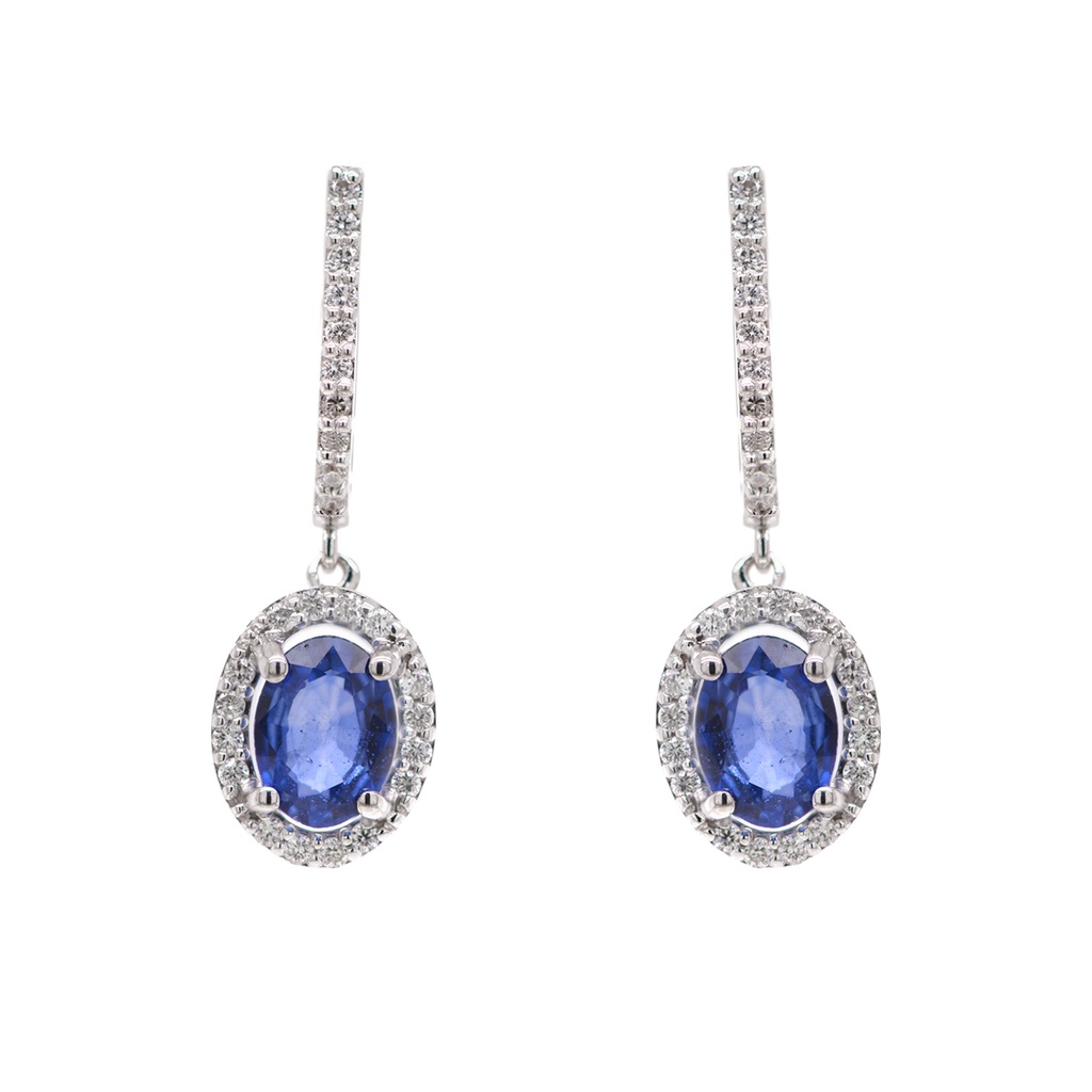 Aretes Frame “HALO OVAL“ - 2-ZAFIROS/Oval 1.87ct 52-DIAMANTES 0.27ct 4.20gr ORO BLANCO 18K