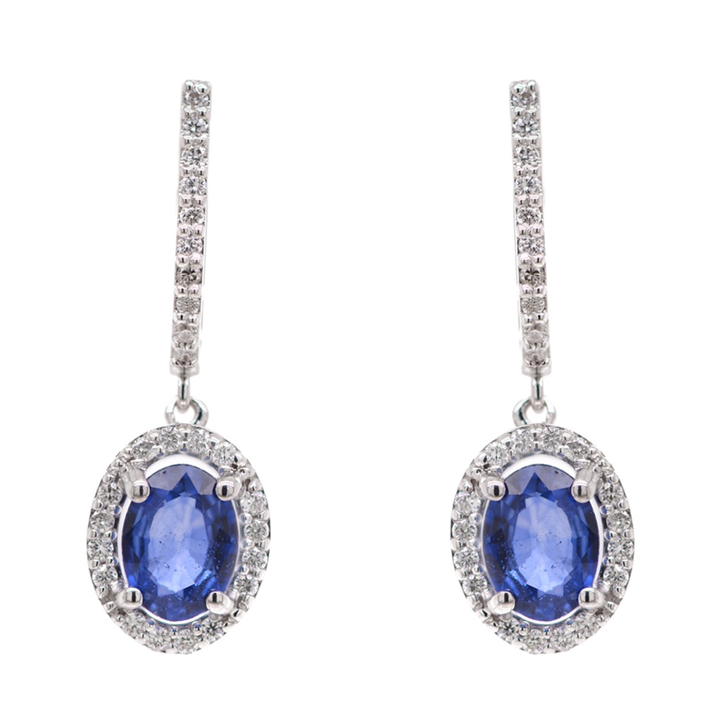 Aretes Frame “HALO OVAL“ - 2-ZAFIROS/Oval 1.87ct 52-DIAMANTES 0.27ct 4.20gr ORO BLANCO 18K
