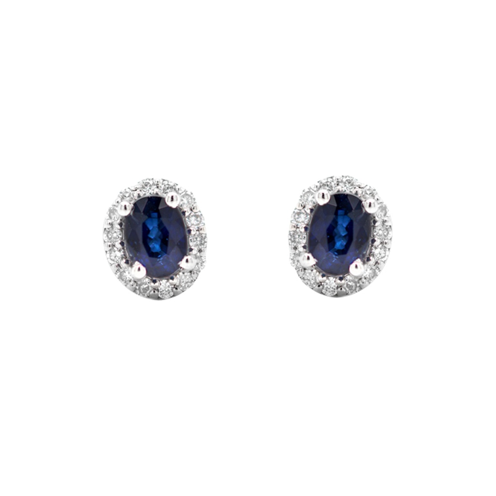 Aretes Frame “HALO OVAL“ - 2-ZAFIROS/Oval 0.43ct 28-DIAMANTES 0.13ct 1.67gr ORO BLANCO 18K