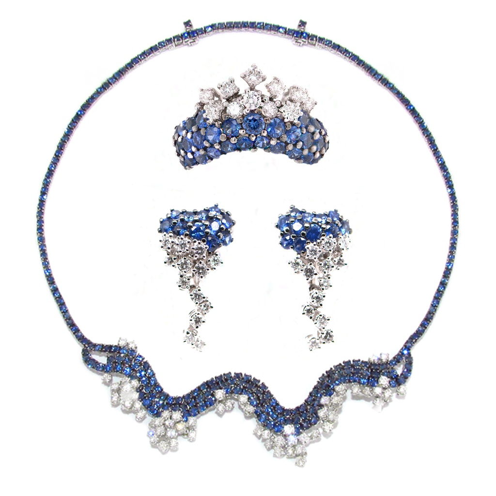 JUEGO FLUTTI GAR+ARE+ANI DIAMANTE-5.94ct ZAFIRO-22.35ct 66.1gr. ORO BLANCO 18K